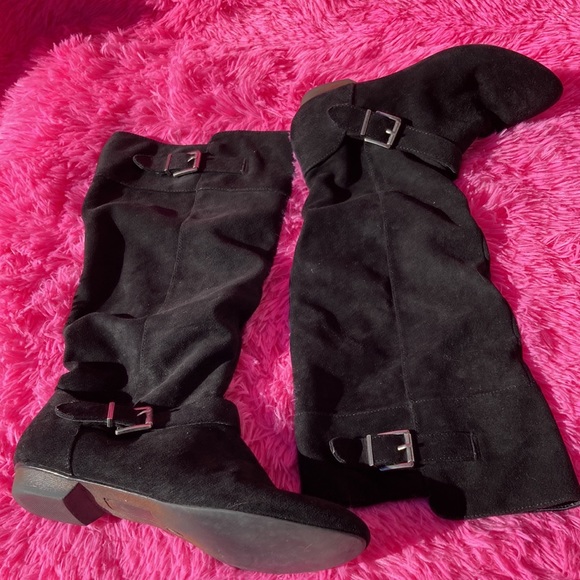 Black soft fabric tall slouch boots with zip closure and buckle detail size 10 - Picture 3 of 7